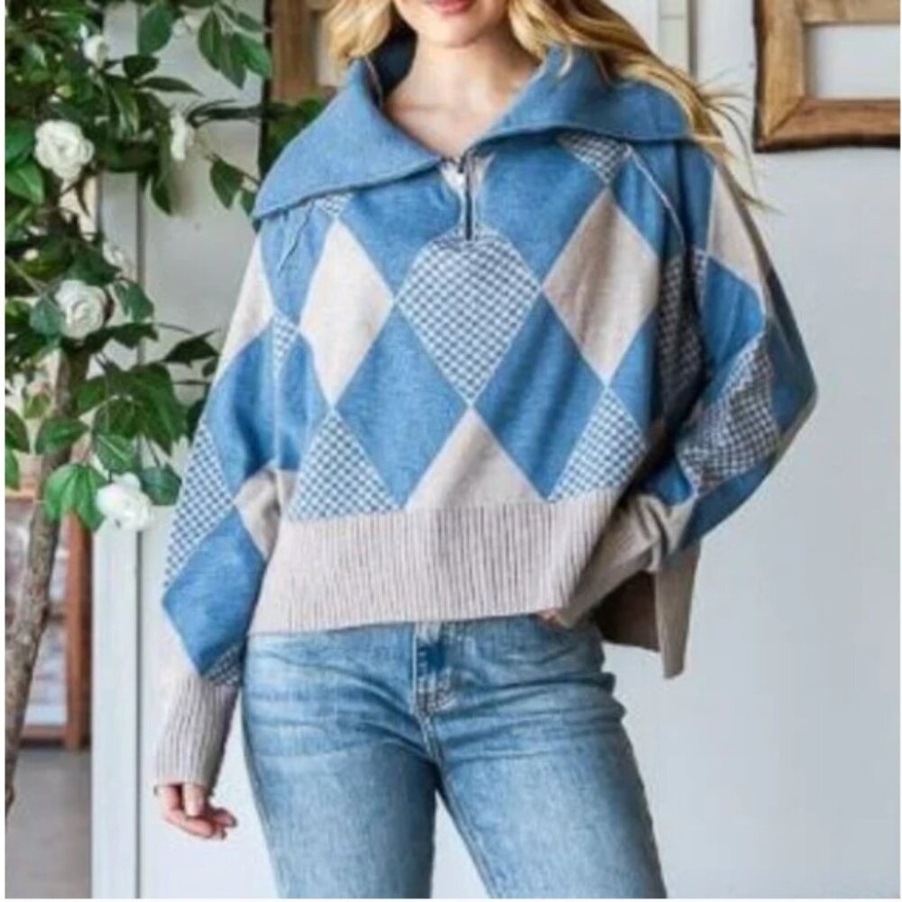NWOT Oli & Hali Argyle Quarter Zip Sweater, Blue & Tan | Size Medium